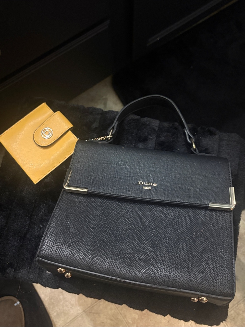 Dune London Black Top-Handle Satchel with Gold Accents